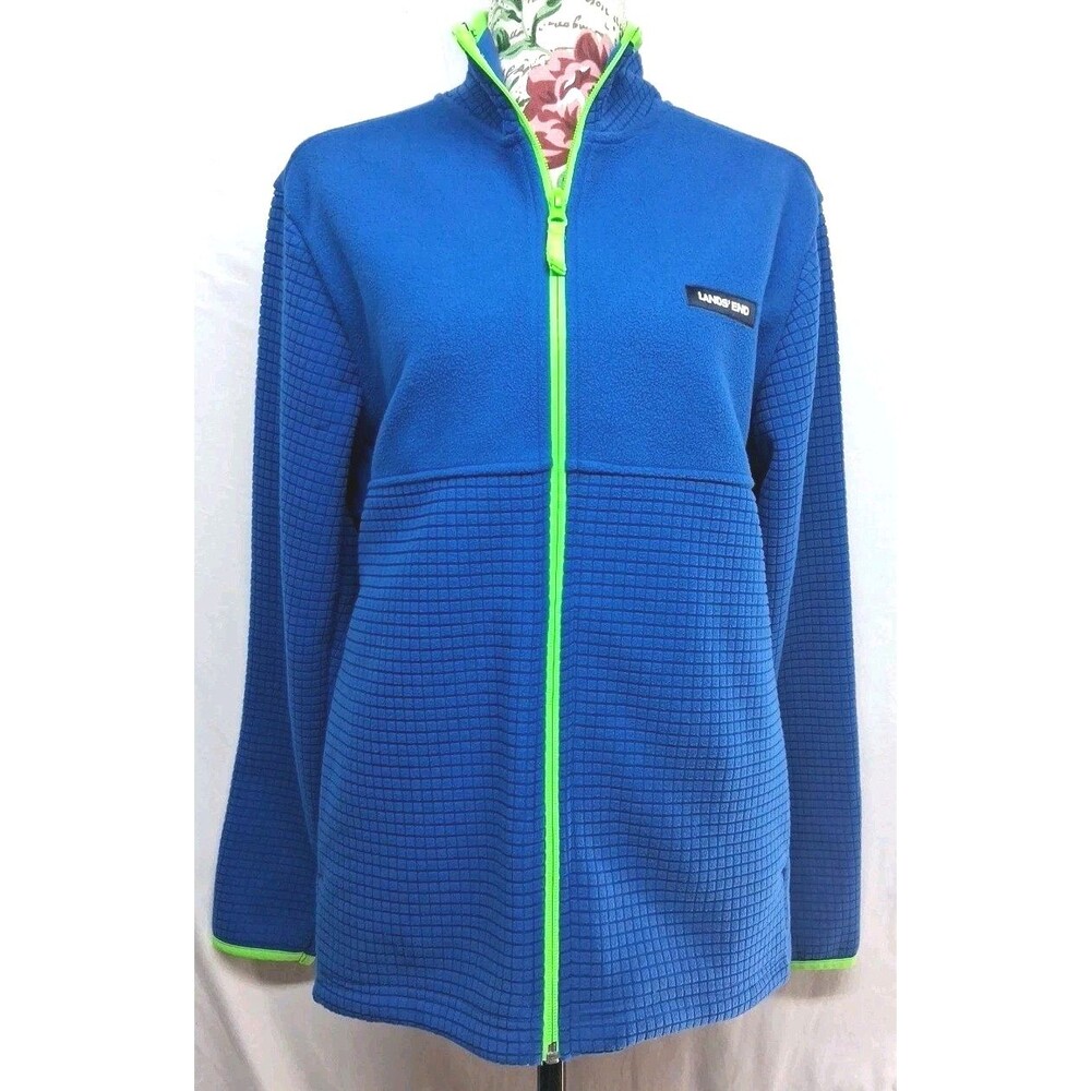 Lands End Mens Small Blue Grid Fleece Full Zip Jacket Spring Bright Fall Layer